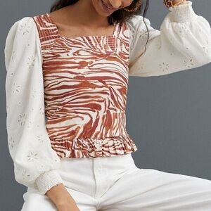 Anthropologie Love The Label NWT Women’s Eyelet Puff Sleeve Zebra Print Blouse